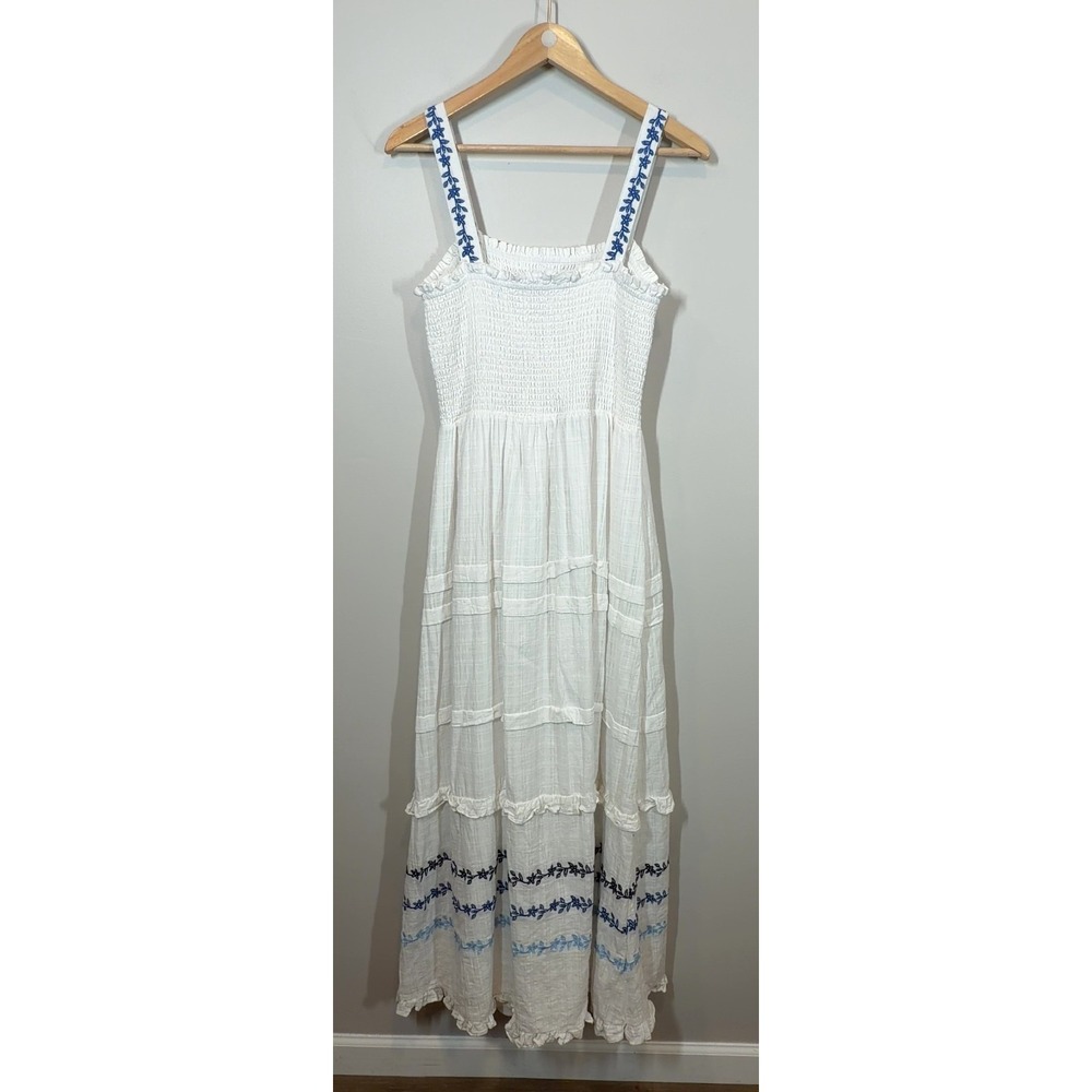 Draper James RSVP White Smocked Maxi Dress Blue Floral Embroidered Size L - Picture 2 of 7